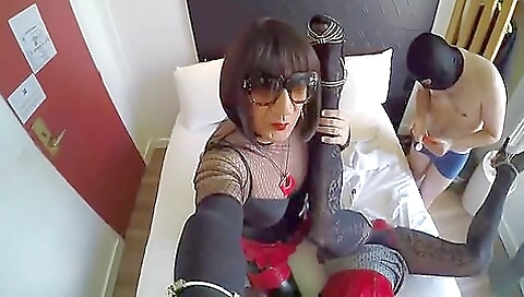 Busty brunette blonde fucks two horny men in hotel room