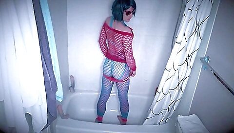 Gorgeous lingerie pornstar playing with a dildo in shower